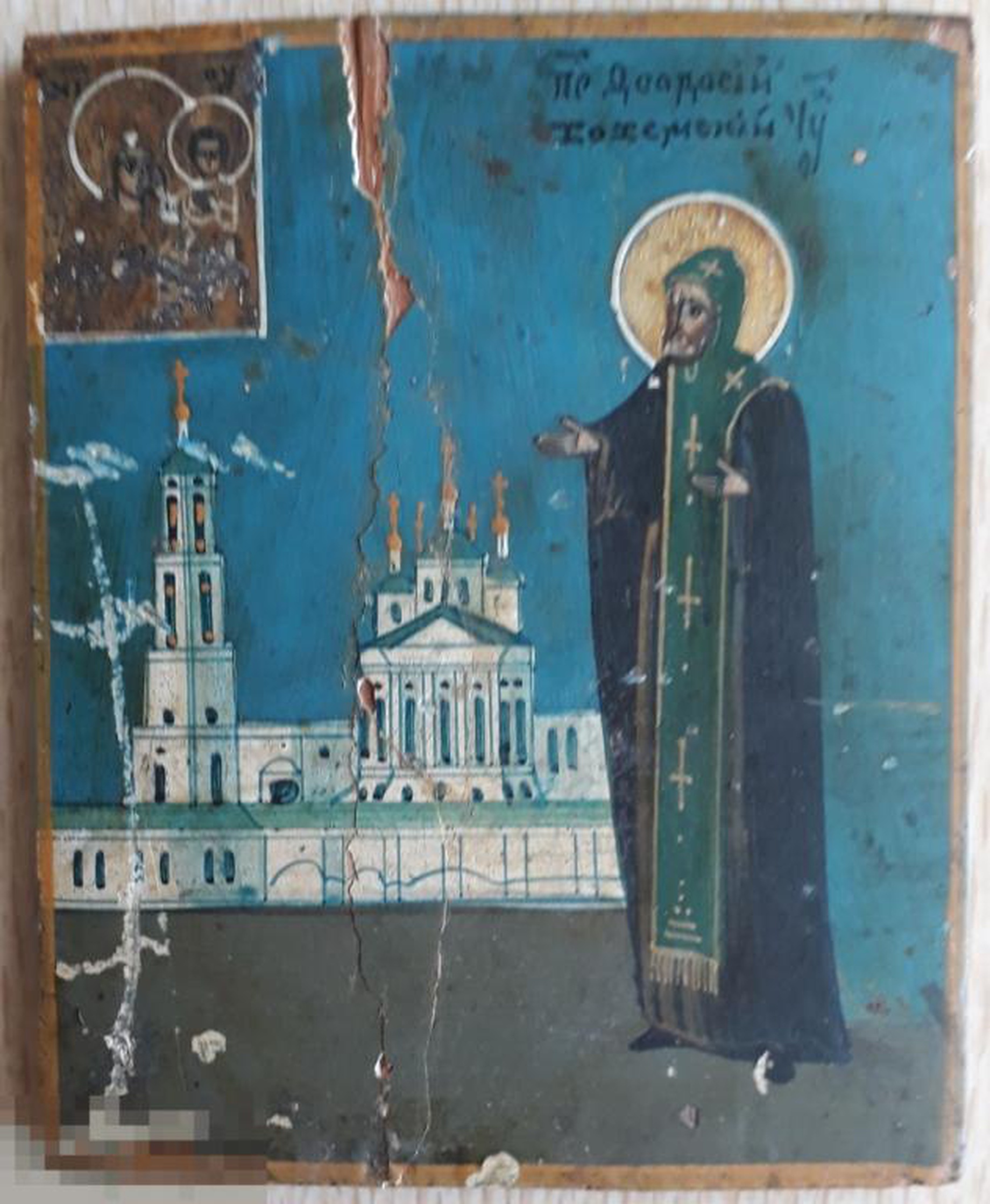 Старинная Икона Святой Преподобный Феодосий Тотемский на фоне монастыря 19 век