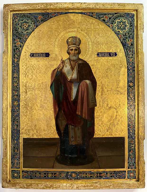 Старинная антикварная икона святой Николай Чудотворец Палех 19 век