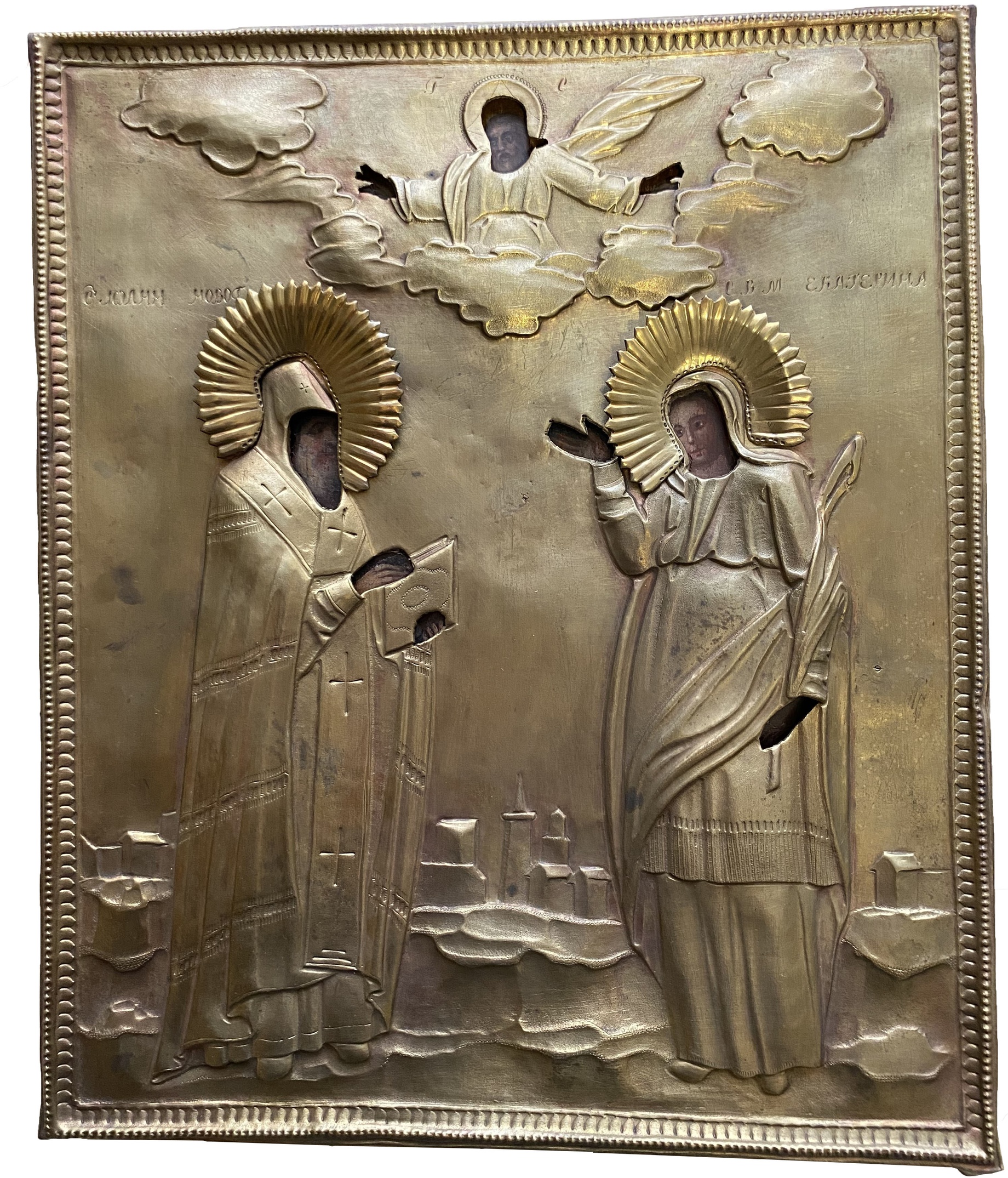 Старинная икона Святая Екатерина и Иоанн Епископ Новгородский 18 - 19 век