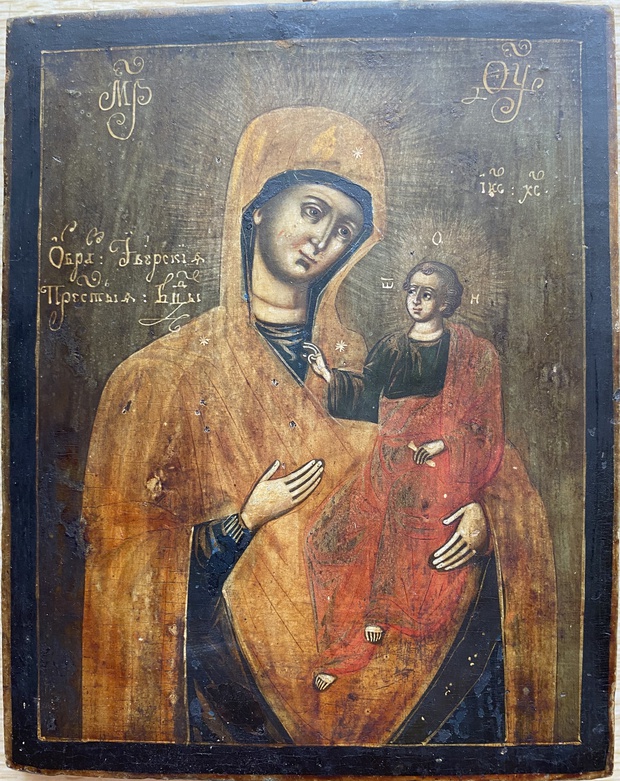 Антикварная Старинная икона Иверская Пресвятая Богородица Холуй - Горбуновка середина 19 века