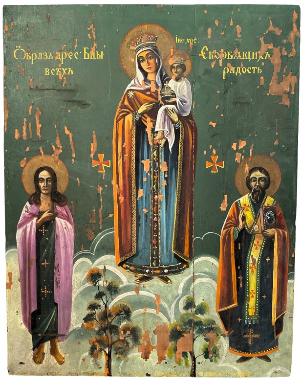 Храмовая икона Богородица Скорбящая с Марией Египетской и Василием 19 век