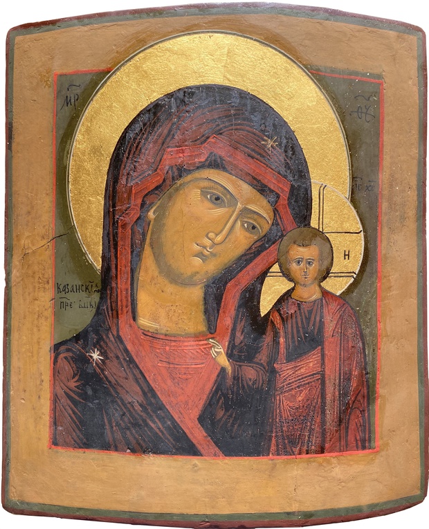 Антикварная Старинная икона Казанская Пресвятая Богородица 19 век нимб сусальное золото сертификат