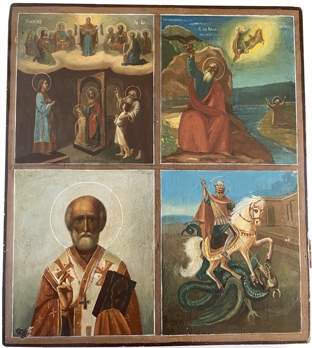 Старинная икона четырехчастная Покров, Илья пророк, Николай Чудотворец, Георгий победоносец