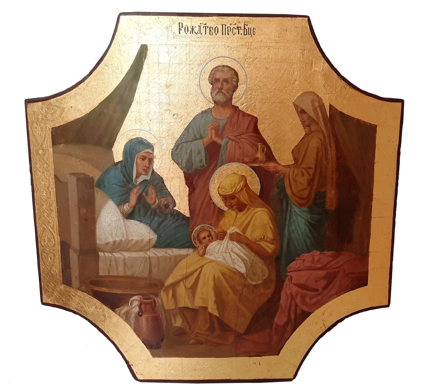 Антикварная Храмовая Икона Рождество Пресвятой Богородицы 19 век сусалка сусальное золото