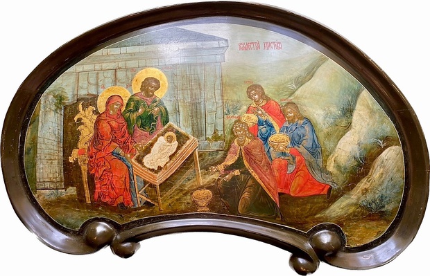 Икона с резной рамой Рождество Христово 18 век