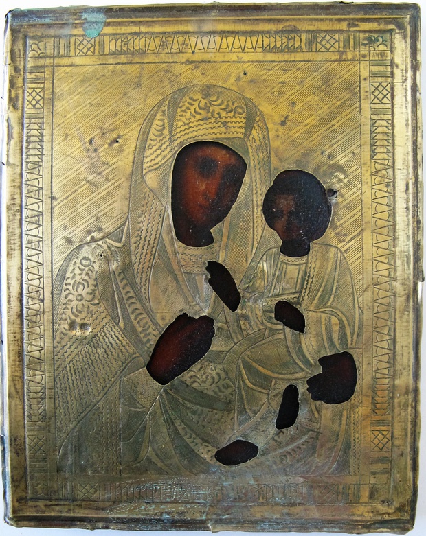 Антикварная Икона Тихвинская Пресвятая Богородица 19 век Штихельный Оклад