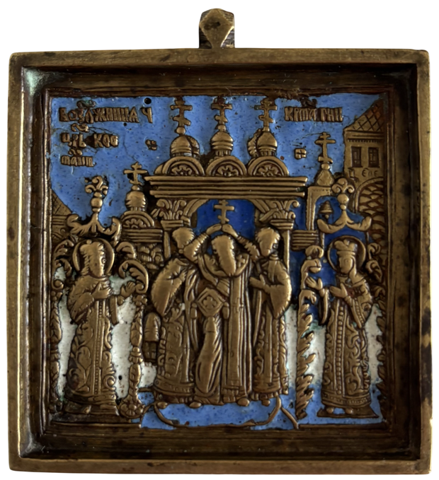 Меднолитая пластика икона Воздвижение Креста 19 век