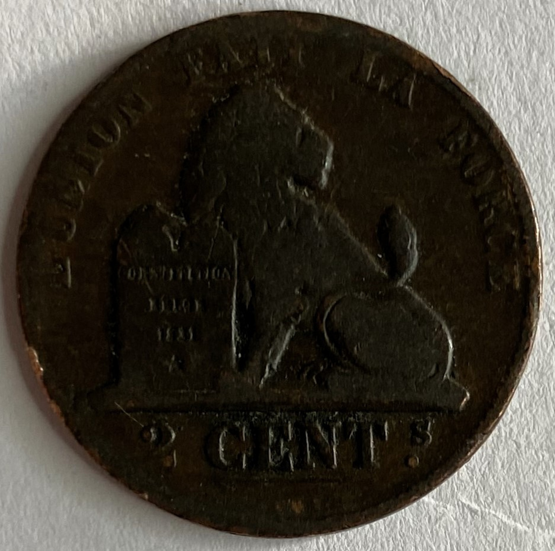 Иностранная монета Бельгия 2 цента сантима 1865 год Леопольд 1