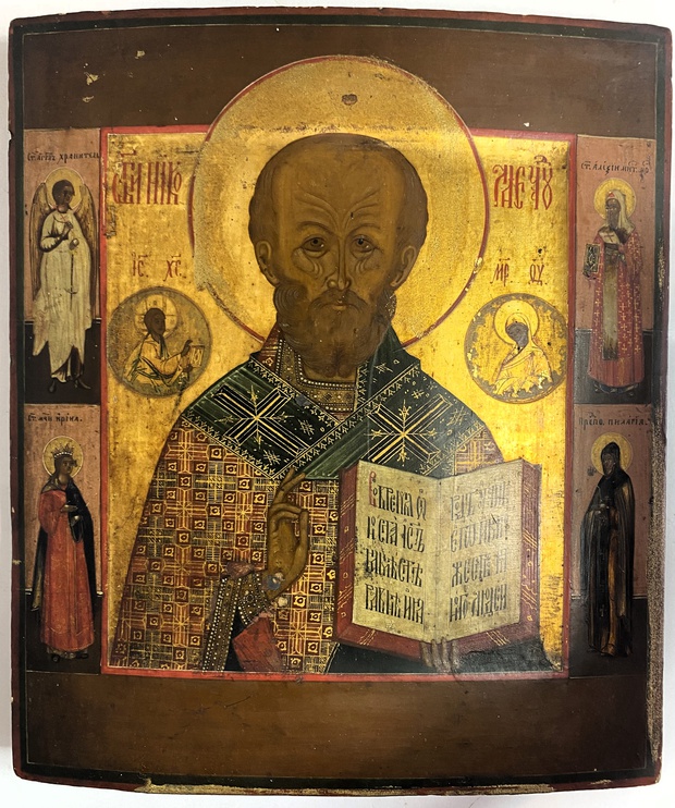 Старинная икона святой Николай с Палеосными святыми 19 век ковчег