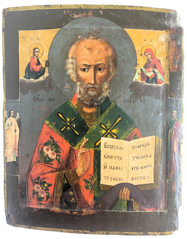 Икона святой Николай Чудотворец в ковчеге с приписным Ангелом Хранителем 19 век