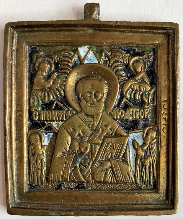 Икона меднолитая Николай Чудотворец 19 век три эмали