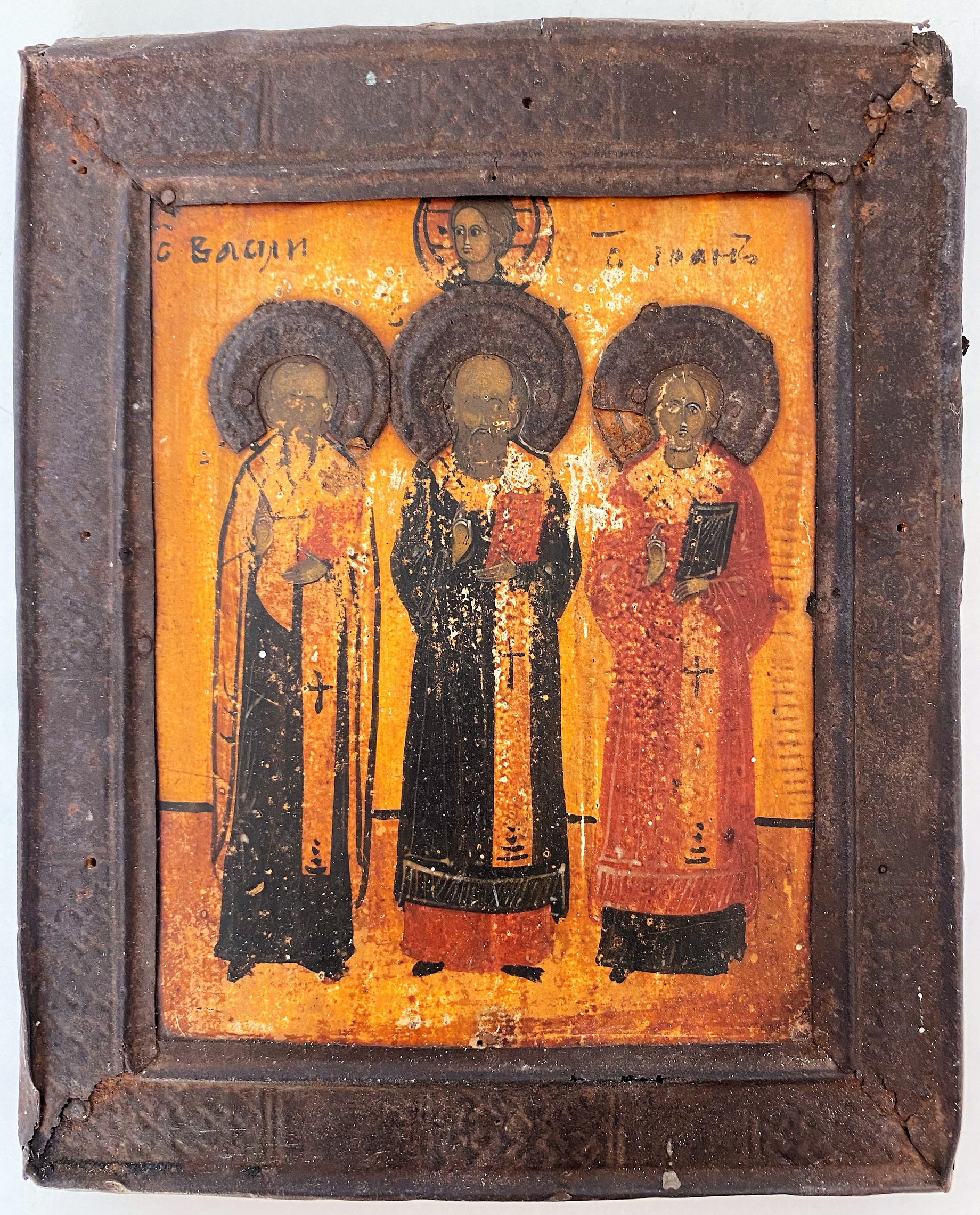 Старинная икона вселенские святители Василий Григорий Иоанн 19 век