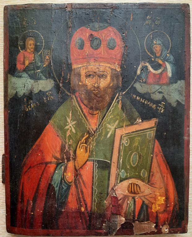 Антикварная Старинная икона Николай Чудотворец ранний Холуй 19 век