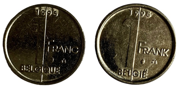 Иностранная монета 1 бельгийский франк 1995 год Бельгия