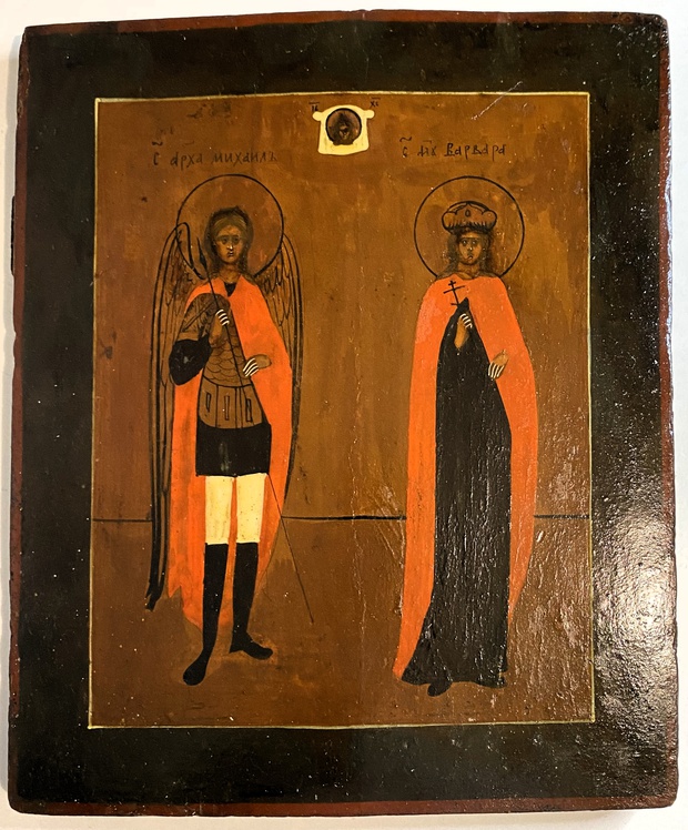 Старинная икона святой архангел Михаил и святая Варвара 19 век