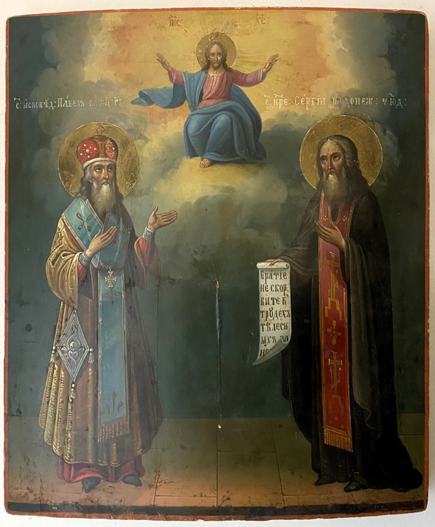 Старинная икона святой Сергий Радонежский Исповедник Павел 19 век