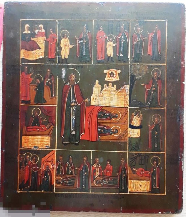 Икона Святой Преподобный Сергий Радонежский со сценами - клеймами жития 19 век