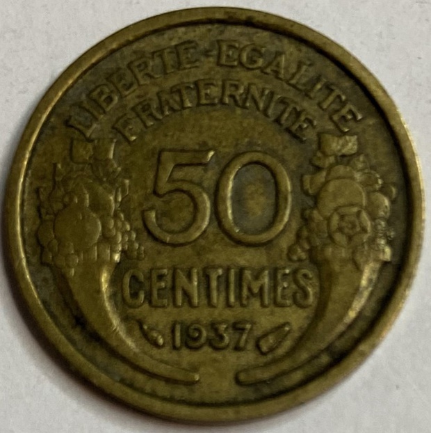 Иностранная монета 50 сантимов Франция 1937 год