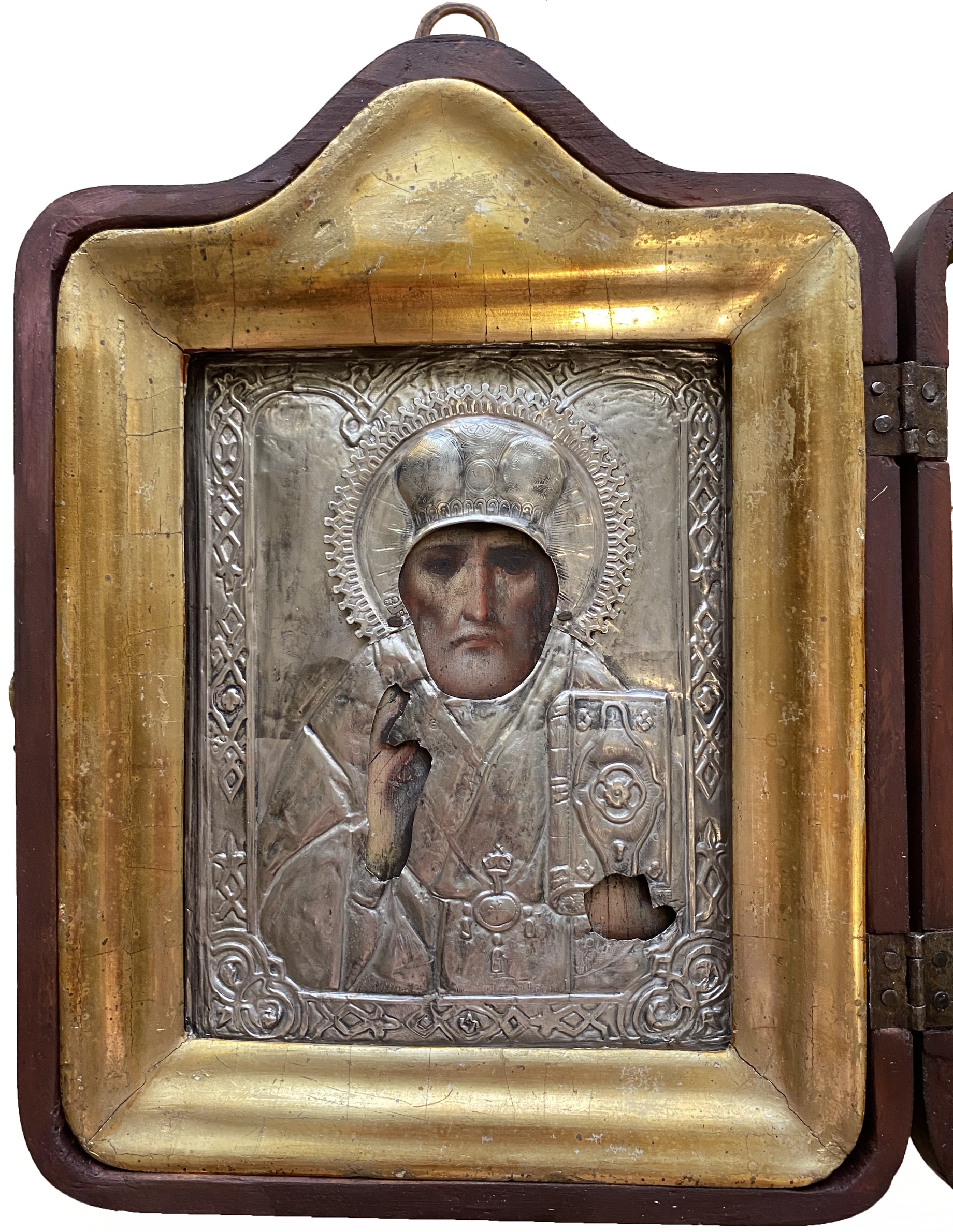 Антикварная старинная икона Святой Николай Чудотворец серебро 84 пробы 19 век