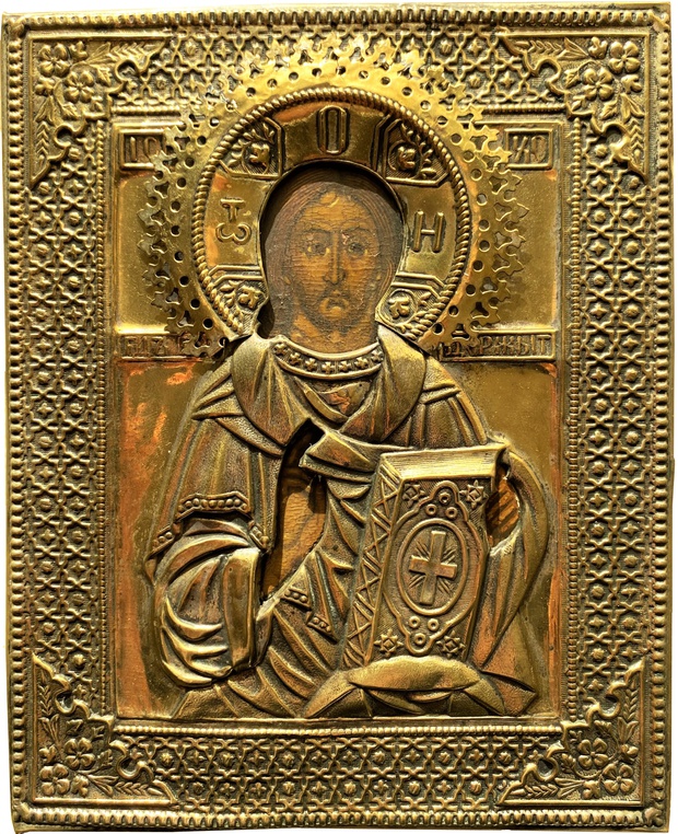 Антикварная Старинная икона Иисус Христос Господь Вседержитель 19 век золоченый оклад Сертификат