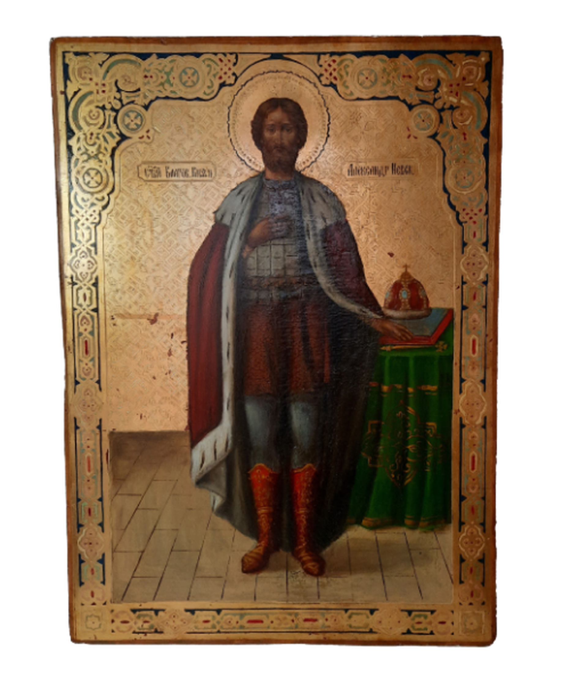 Антикварная Храмовая Икона Святой Александр Невский сусальное золото 19 век