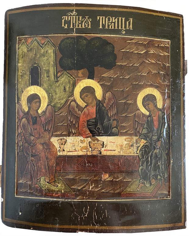 Старинная форматная икона Ветхозаветная Троица Гостеприимство Авраама Мстера 18 век