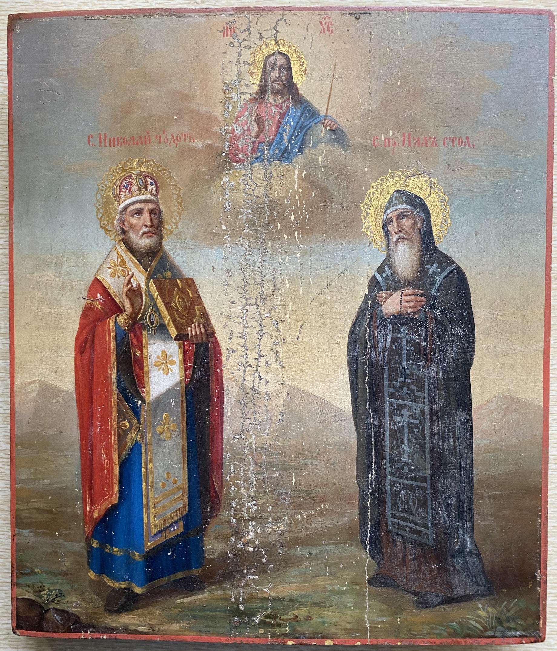 Антикварная икона Святой Преподобный Нил Столобенский и Николай Чудотворец два святителя 19 век