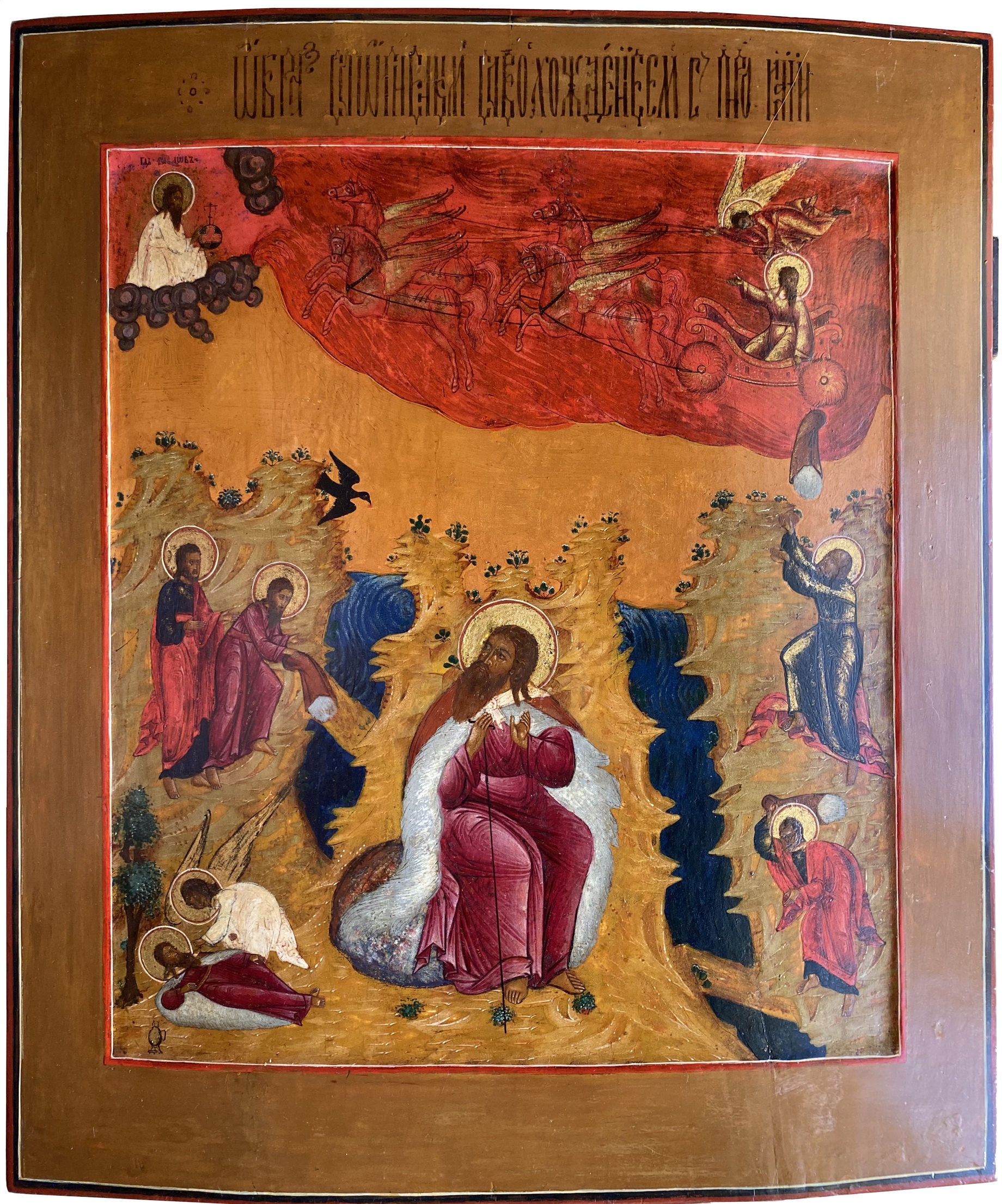 Антикварная Храмовая икона Святой Пророк Илья Огненное Восхождение пророка Ильи на небо 18 век