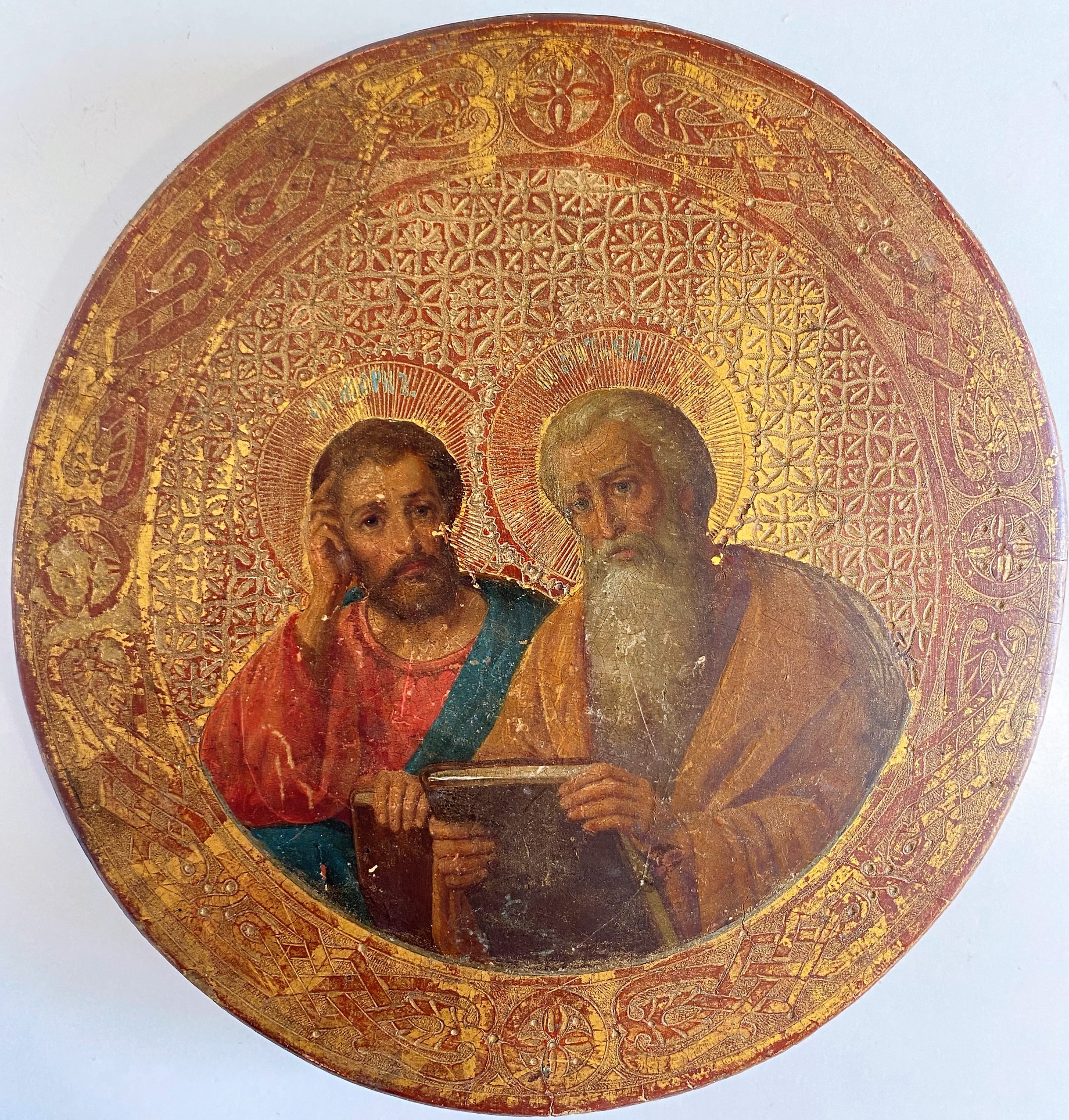 Антикварная икона тондо святые апостолы Марк и Лука 19 век