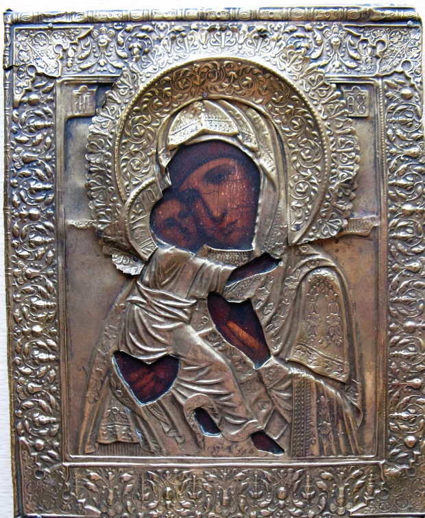 Антикварная Икона Владимирская Пресвятая Богородица оклад латунный кованый 19 век