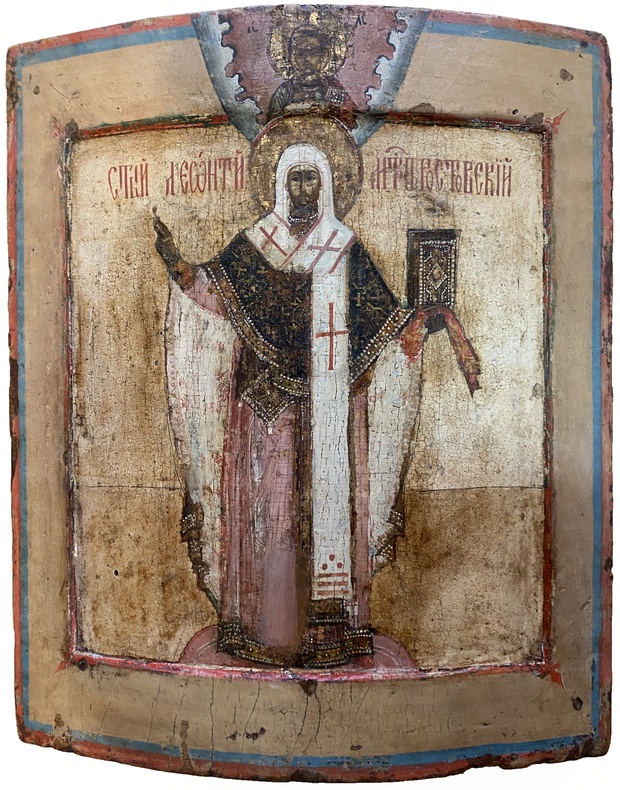 Антикварная Старинная икона Святой Леонтий Митрополит Ростовский ковчег 17 век