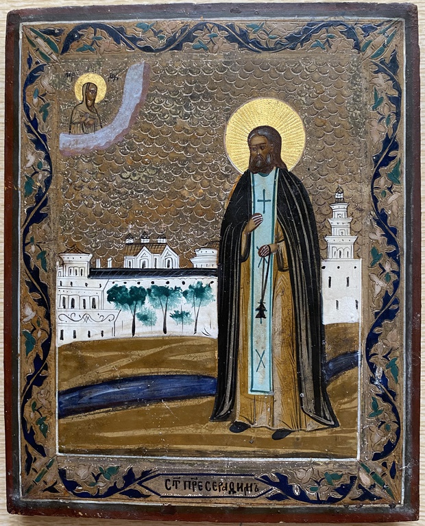 Антикварная икона Святой Серафим Саровский на фоне монастыря до 1917 года