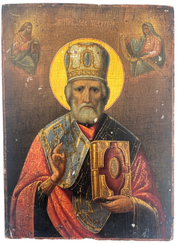 Старинная икона святой Николай Чудотворец зимний середина 19 века