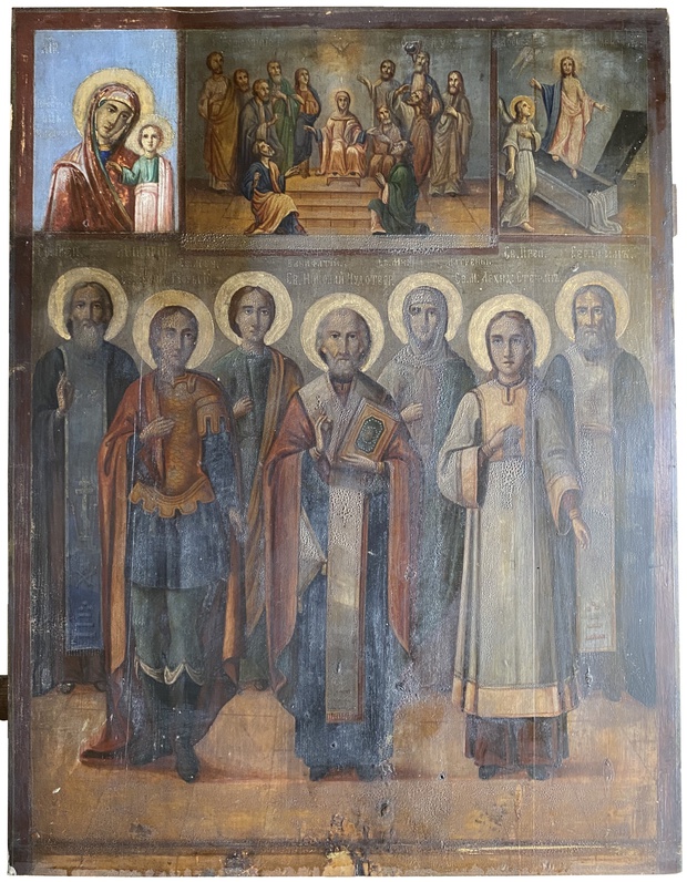 Антикварная Храмовая икона Избранные Святые с избранными иконами 19 век Сертификат подлинности