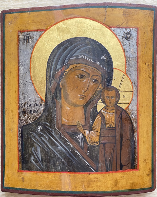 Антикварная старинная икона Казанская Пресвятая Богородица 19 век аналой