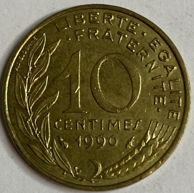 Иностранная монета 10 сантимов Франция 1990 год
