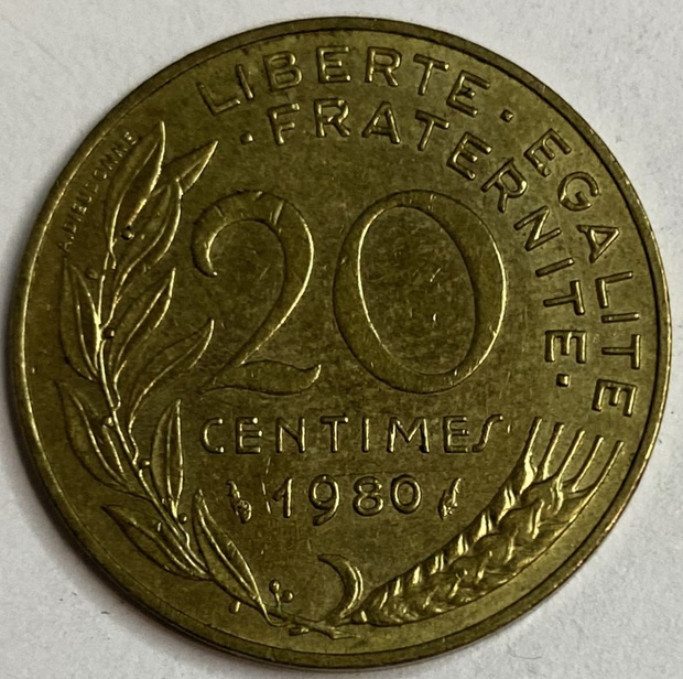 Иностранная монета 20 сантимов Франция 1980 год