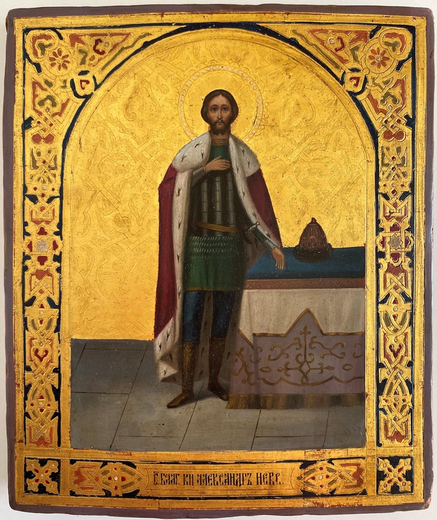 Икона святой Александр Невский аналой по сусальному золоту 19 век