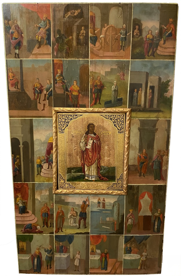 Старинная храмовая икона святая Варвара со сценами жития 19 век