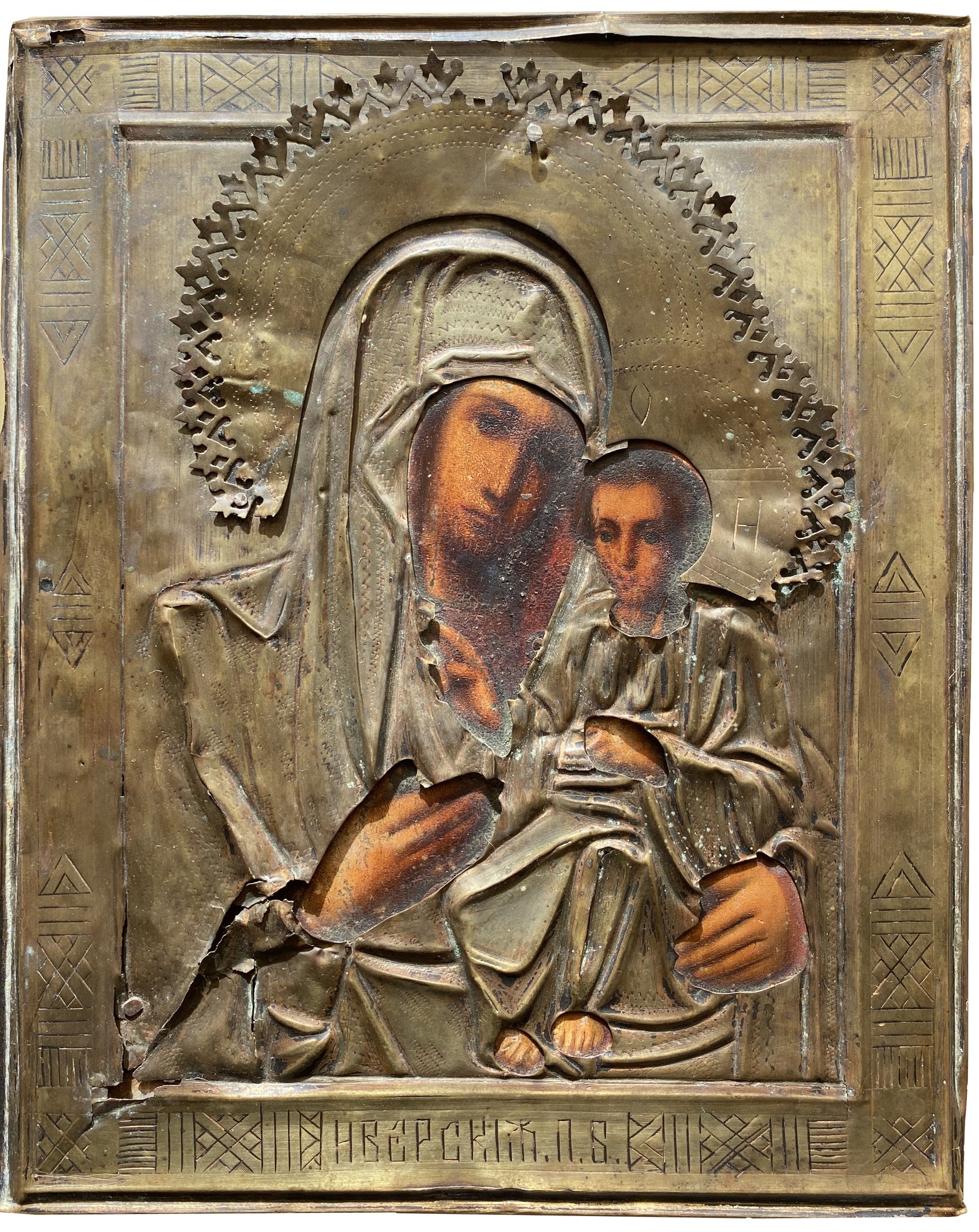Антикварная Икона Иверская Пресвятая Богородица 19 век Штихельный оклад Сертификат