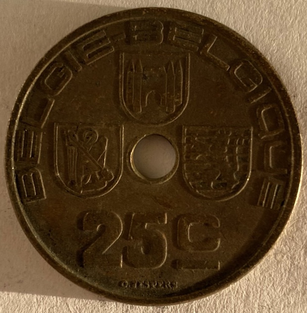 Иностранная монета 25 сантимов 1938 год Бельгия