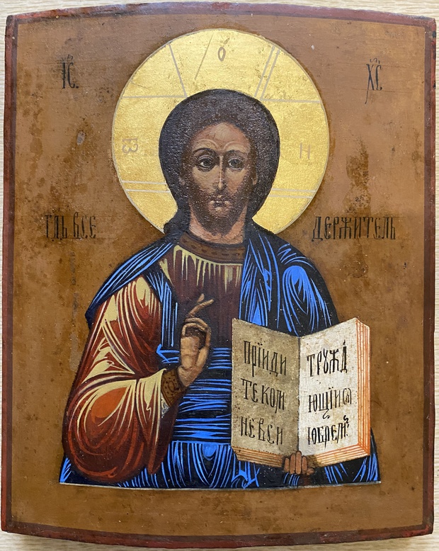 Антикварная Икона Иисус Христос Господь Вседержитель раскрыт из под олифы 19 век