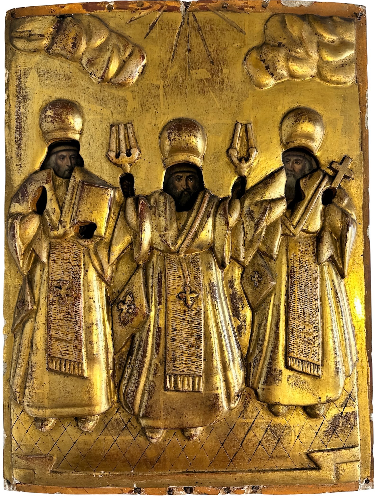 Икона дерево резьба позолота Вселенские Учителя 19 век Икона дерево резьба позолота Вселенские Учителя 19 век