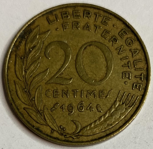 Иностранная монета 20 сантимов Франция 1964 год