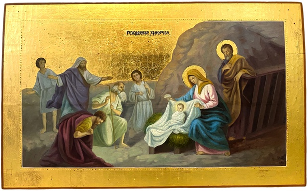 Старинная Храмовая икона Рождество Христово сусальное золото 19 век