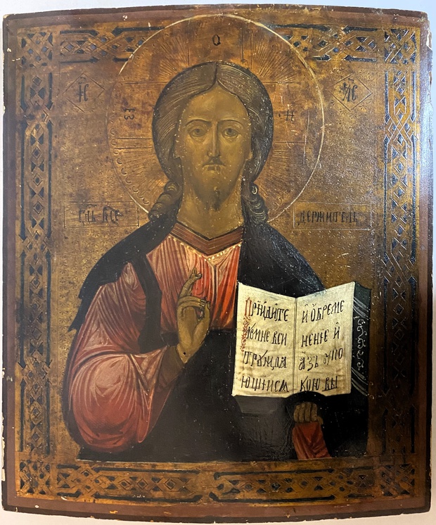 Икона Иисус Христос Господь Вседержитель письмо по серебру 19 век