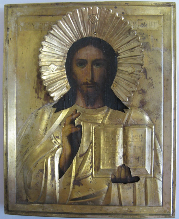Антикварная Икона Иисус Христос Господь Вседержитель 19 век Штихель Штихельный оклад