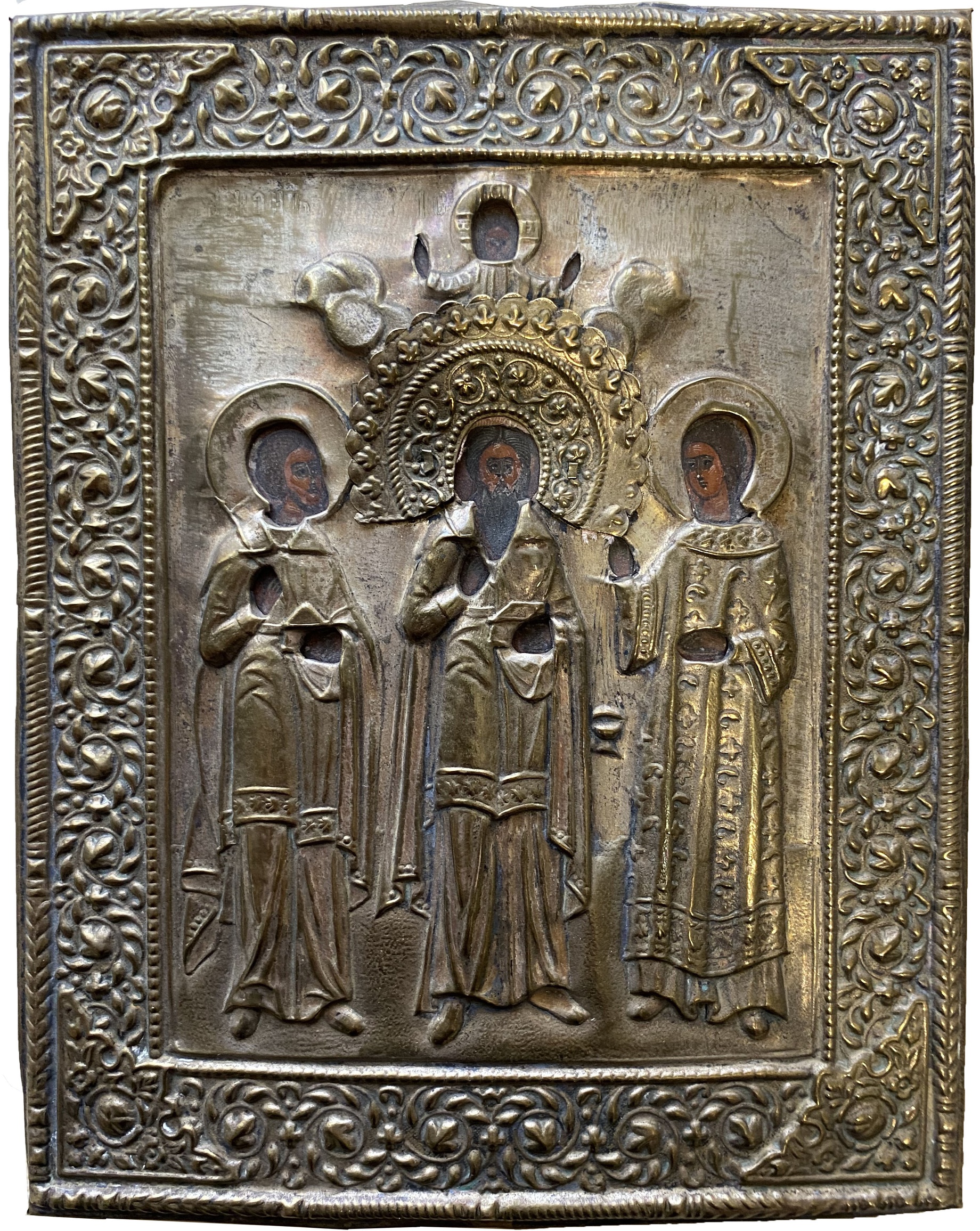Старинная икона Гурий Самон и Авив покровители семьи 19 век латунный кованый оклад