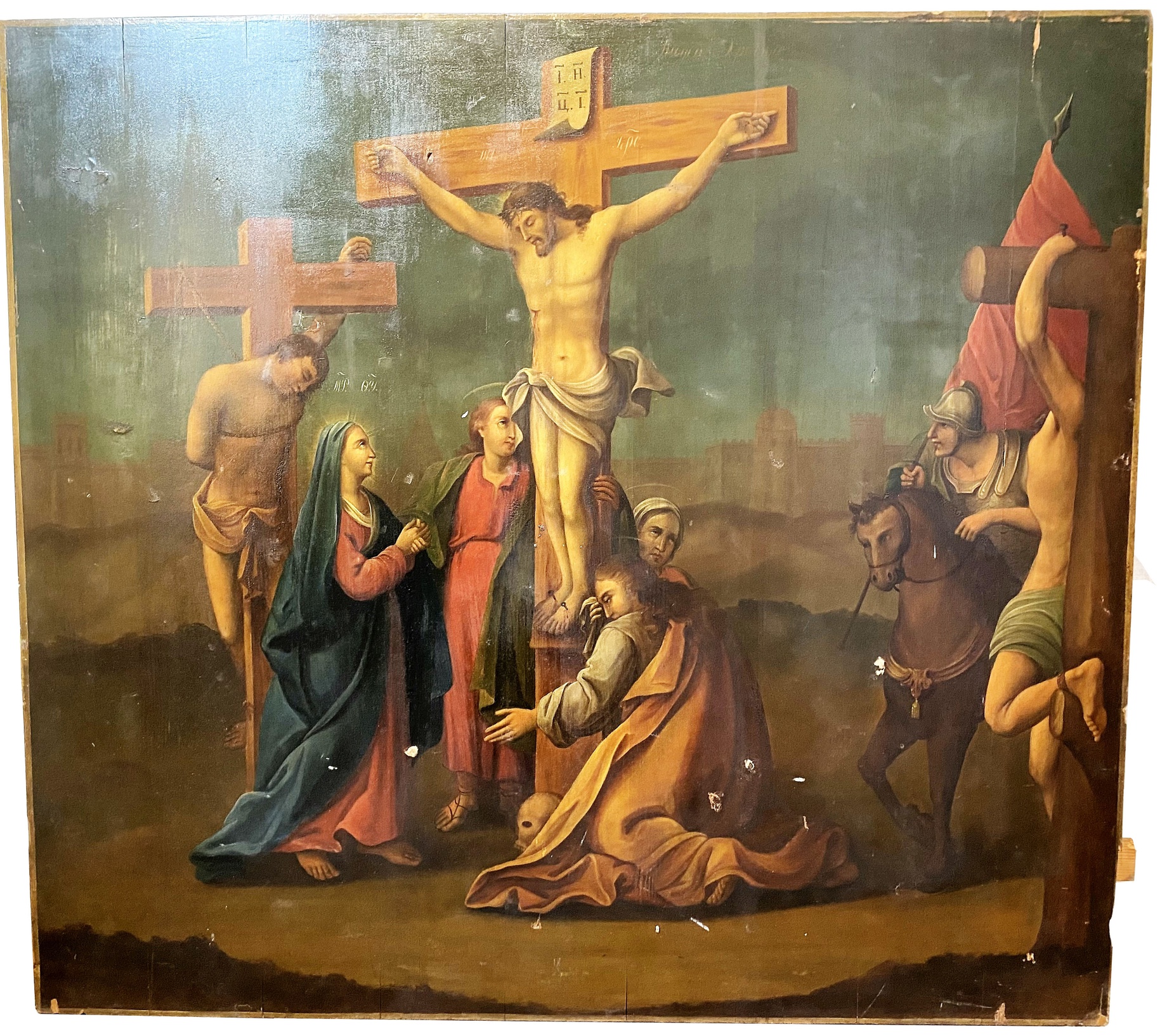 Антикварная Храмовая икона Распятие Христово с разбойниками академическая живопись 19 век