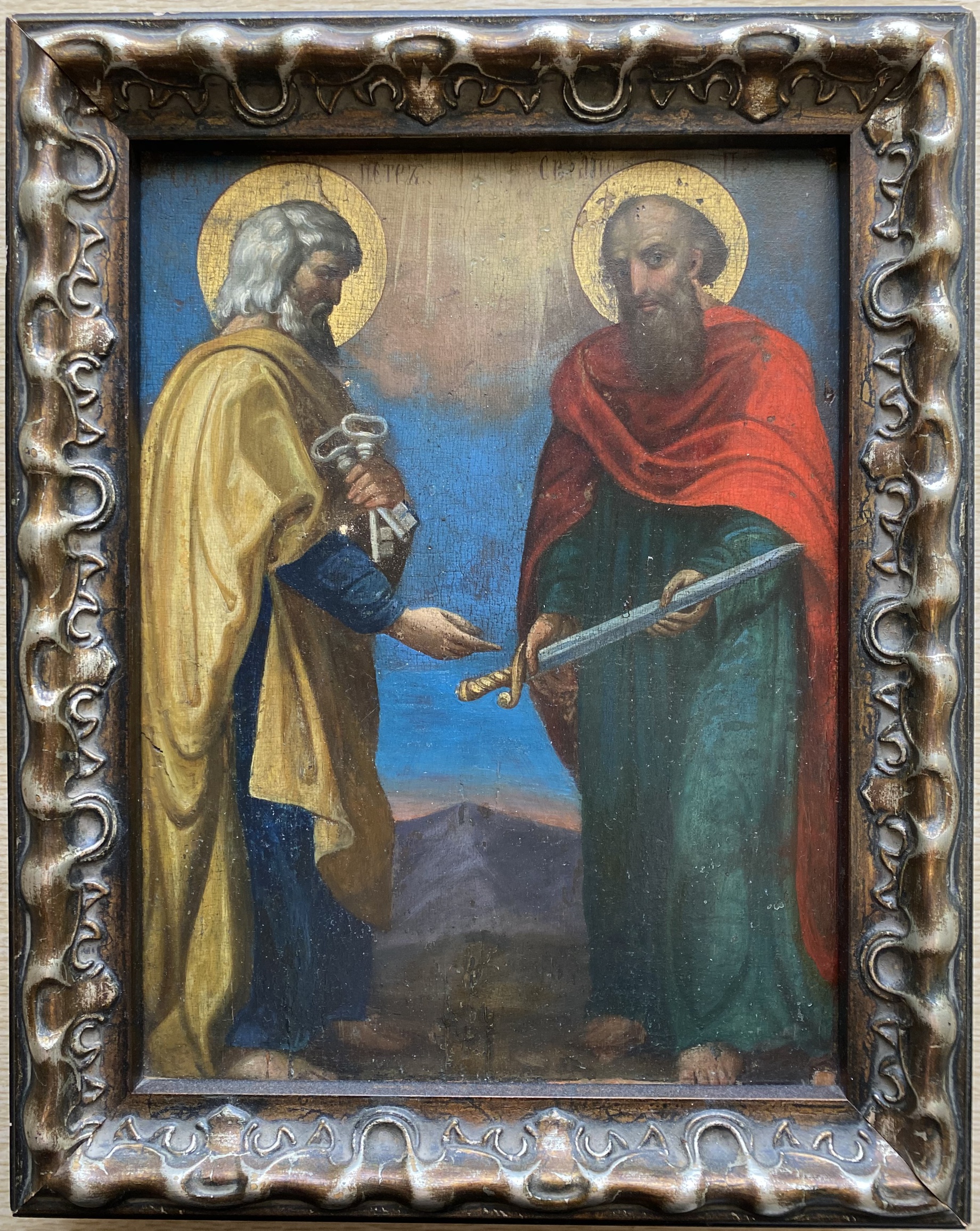 Антикварная старинная икона Святые Апостолы Петр и Павел в раме Модерн 19 век